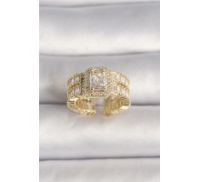 Pirinç Gold Renk Ayarlanabilir Baget Zirkon Taş Model Kadın Yüzük - TJ-BYK3589