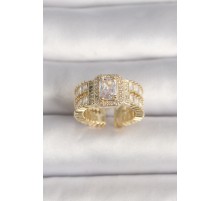 Pirinç Gold Renk Ayarlanabilir Baget Zirkon Taş Model Kadın Yüzük - TJ-BYK3589