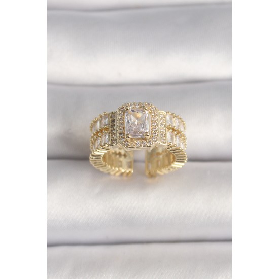 Pirinç Gold Renk Ayarlanabilir Baget Zirkon Taş Model Kadın Yüzük - TJ-BYK3589