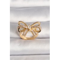 Pirinç Gold Renk Ayarlanabilir Zirkon Taşlı Kurdele Model Kadın Yüzük - TJ-BYK3592