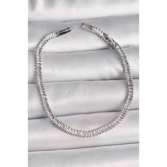 Pirinç Gümüş Renk Zirkon Taşlı Su Yolu Model Kadın Bileklik - TJ-BB6724