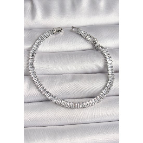 Pirinç Gümüş Renk Zirkon Taşlı Su Yolu Model Kadın Bileklik - TJ-BB6725