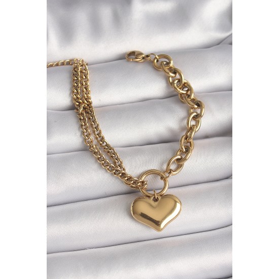 316L Çelik Gold Renk 2'Li Zincir Model Kalp Figür Kadın Bileklik - TJ-BB6727