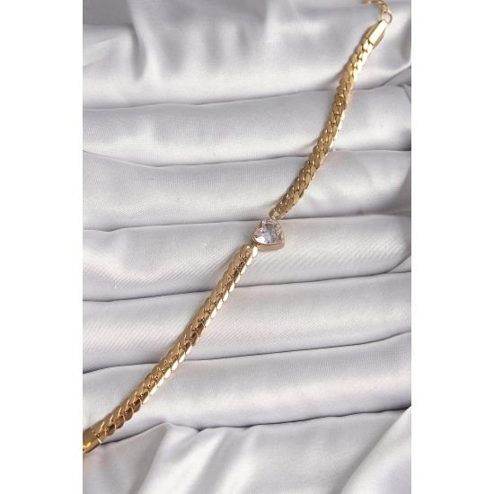 316L Çelik Gold Renk Yassı Zincir Model Zirkon Taşlı Kalp Figür Kadın Bileklik - TJ-BB6728