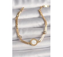 316L Çelik Gold Renk Yassı Zincir Model Zirkon Taş Detaylı Beyaz Mineli Madalyon Model Kadın Bileklik - TJ-BB6732
