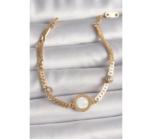 316L Çelik Gold Renk Yassı Zincir Model Zirkon Taş Detaylı Beyaz Mineli Madalyon Model Kadın Bileklik - TJ-BB6732