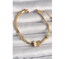 316L Çelik Gold Renk Yassı Zincir Zirkon Taşlı Simli Kelebek Figür Kadın Bileklik - TJ-BB6734