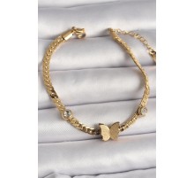 316L Çelik Gold Renk Yassı Zincir Zirkon Taşlı Simli Kelebek Figür Kadın Bileklik - TJ-BB6734