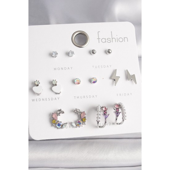 Pirinç Gümüş Renk Zirkon Taşlı İnci Halka Şimşek Detay 7 Çift Kadın Küpe Seti - TJ-BKP10136