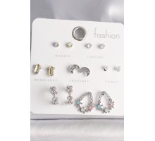 Pirinç Gümüş Renk Zirkon Taşlı Damla Model Hilal Detay 7 Çift Kadın Küpe Seti - TJ-BKP10137