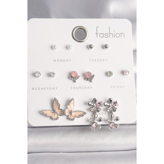 Pirinç Gümüş Renk Zirkon Taşlı Sallantı Çiçek Mineli Kelebek Figür İnci Detay 7 Çift Kadın Küpe Seti - TJ-BKP10138