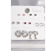 Pirinç Gümüş Renk Zirkon Taşlı Çiçekli Halka Sallantı Detaylı Kalp 7 Çift Kadın Küpe Seti - TJ-BKP10139