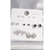 Pirinç Gümüş Renk Zirkon Taşlı Fiyonk Figür İnci Detay 7 Çift Kadın Küpe Seti - TJ-BKP10140