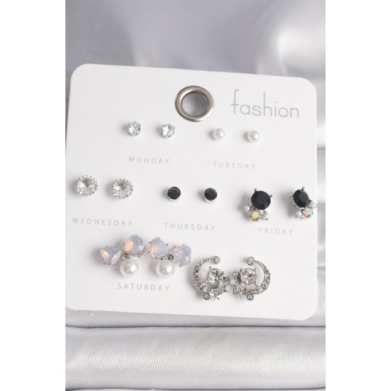 Pirinç Gümüş Renk Zirkon Taşlı Fiyonk Figür İnci Detay 7 Çift Kadın Küpe Seti - TJ-BKP10140