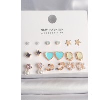 Pirinç Gold Renk Zirkon Taşlı İncili Çiçek Mavi Kalp Figür 9 Çift Kadın Küpe Seti - TJ-BKP10180