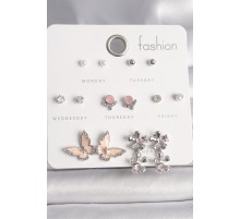 Pirinç Gümüş Renk Renkli Zirkon Taş Detaylı Pembe Sedefli Kelebek Figür 7 Çift Kadın Küpe Seti - TJ-BKP10188