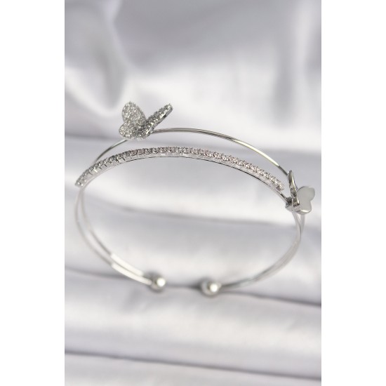 Pirinç Gümüş Renk Zirkon Taşlı Kelebek Model Kadın Bileklik - TJ-BB6740