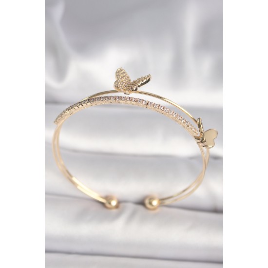 Pirinç Gold Renk Zirkon Taşlı Kelebek Model Kadın Bileklik - TJ-BB6741