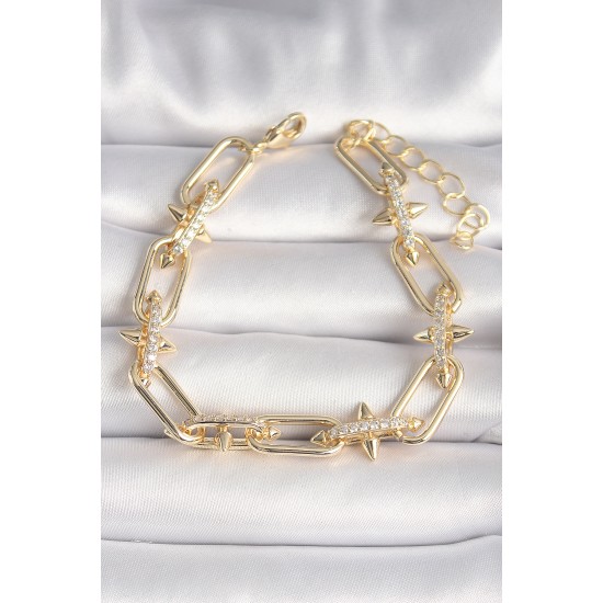 Pirinç Gold Renk  Zirkon Taşlı Dikenli Zincir Model Xuping VIP Seri Kadın Bileklik - TJ-BB6742