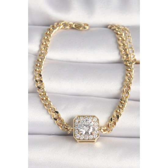 Pirinç Gold Renk Zincir Kare Zirkon Taş Model Xuping VIP Seri Kadın Bileklik - TJ-BB6743
