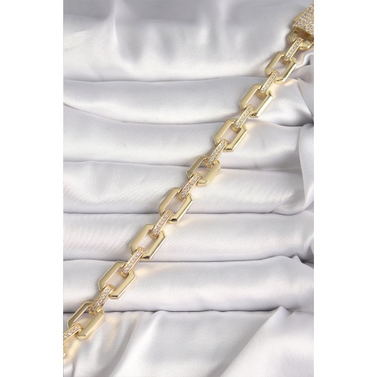 Pirinç Gold Renk Zirkon Taş Detaylı Kare Zincir Model Xuping VIP Exculusive Seri Kadın Bileklik - TJ-BB6747