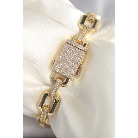Pirinç Gold Renk Zirkon Taş Detaylı Kare Zincir Model Xuping VIP Exculusive Seri Kadın Bileklik - TJ-BB6747