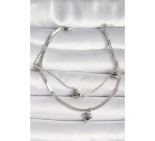 316L Çelik Gümüş Renk 2'Li İtalyan Zincir Model Sallantı Kalp Figür Kadın Bileklik - TJ-BB6750