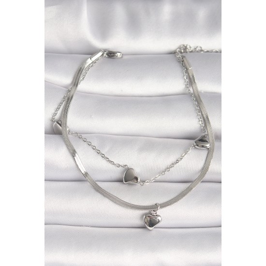 316L Çelik Gümüş Renk 2'Li İtalyan Zincir Model Sallantı Kalp Figür Kadın Bileklik - TJ-BB6750