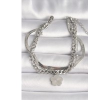 316L Çelik Gümüş Renk 3'Lü İtalyan Zincir Model Sallantı Yonca Figür Kadın Bileklik - TJ-BB6751