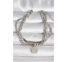 316L Çelik Gümüş Renk 3'Lü İtalyan Zincir Model Sallantı Yonca Figür Kadın Bileklik - TJ-BB6751