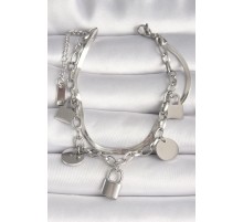 316L Çelik Gümüş Renk 2'Li İtalyan Zincir Kilit Figür Kadın Bileklik - TJ-BB6753