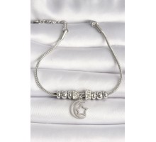 316L Çelik Gümüş Renk Tüp Zincir Zirkon Taş Detaylı Sallantı Ay Yıldız Figür Kadın Bileklik - TJ-BB6754