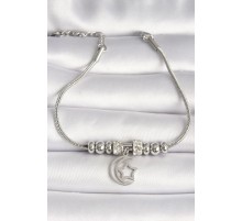 316L Çelik Gümüş Renk Tüp Zincir Zirkon Taş Detaylı Sallantı Ay Yıldız Figür Kadın Bileklik - TJ-BB6754