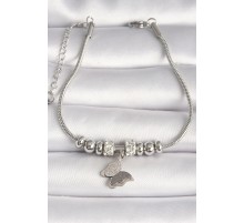 316L Çelik Gümüş Renk Tüp Zincir Model Zirkon Taş Detaylı Sallantı Simli Kelebek Figür Kadın Bileklik - TJ-BB6755