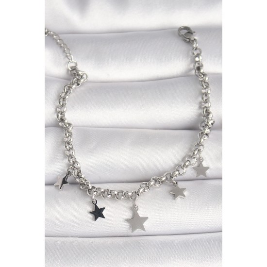 316L Çelik Gümüş Renk Zincir Sallantı Yıldız Figür Kadın Bileklik - TJ-BB6756