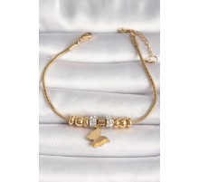 316L Çelik Gold Renk Tüplü Zincir Zirkon Taş Detaylı Sallantı Simli Kelebek Figür Kadın Bileklik - TJ-BB6758
