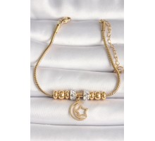 316L Çelik Gold Renk Tüp Zincir Zirkon Taş Detaylı Sallantı Ay Yıldız Figür Kadın Bileklik - TJ-BB6759