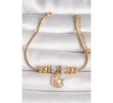 316L Çelik Gold Renk Tüp Zincir Zirkon Taş Detaylı Sallantı Ay Yıldız Figür Kadın Bileklik - TJ-BB6759