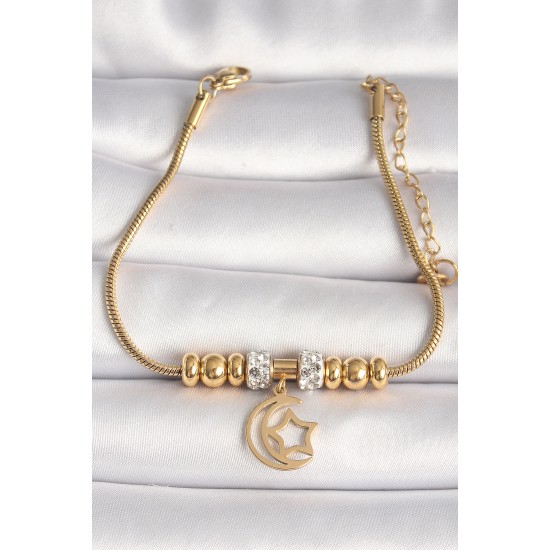 316L Çelik Gold Renk Tüp Zincir Zirkon Taş Detaylı Sallantı Ay Yıldız Figür Kadın Bileklik - TJ-BB6759