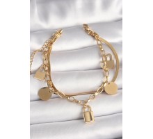 316L Çelik Gold Renk 2'Li İtalyan Zincir Kilit Figür Kadın Bileklik - TJ-BB6760