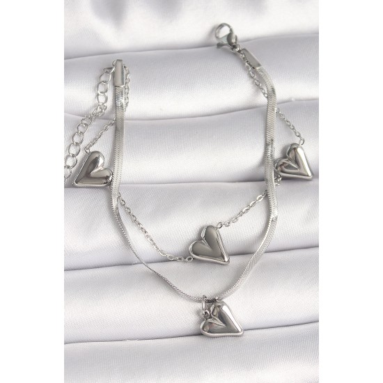 316L Çelik Gümüş Renk 2'Li İtalyan Zincir Model Sallantı Kalp Figür Kadın Bileklik - TJ-BB6761