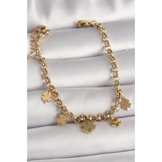 316L Çelik Gold Renk Zincir Model Sallantı Yonca Figür Kadın Bileklik - TJ-BB6763