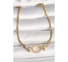 316L Çelik Gold Renk italyan Zincir Model Zirkon Taşlı Halka Figür Kadın Bileklik - TJ-BB6764