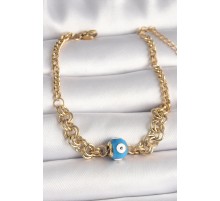 316L Çelik Gold Renk Halka Zincir Model Nazar Boncuk Figür Kadın Bileklik - TJ-BB6765