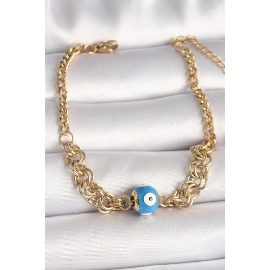 316L Çelik Gold Renk Halka Zincir Model Nazar Boncuk Figür Kadın Bileklik - TJ-BB6765