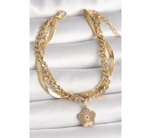 316L Çelik Gold Renk 3'Lü İtalyan Kalın Zincir Model Sallantı İşlemeli Yonca Figür Kadın Bileklik - TJ-BB6767