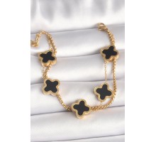 316L Çelik Gold Renk 2'Li Zincir Model Siyah Yonca Figür Kadın Bileklik - TJ-BB6768