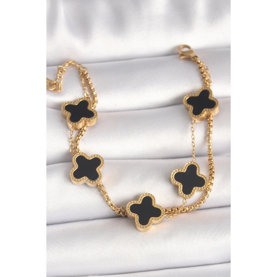 316L Çelik Gold Renk 2'Li Zincir Model Siyah Yonca Figür Kadın Bileklik - TJ-BB6768