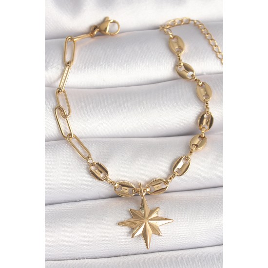 316L Çelik Gold Renk Arpa Zincir Model Sallantı Kutup Yıldız Figür Kadın Bileklik - TJ-BB6769