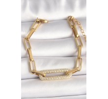 316L Çelik Gold Renk Zirkon Taşlı Kare Zincir Model Kadın Bileklik - TJ-BB6770